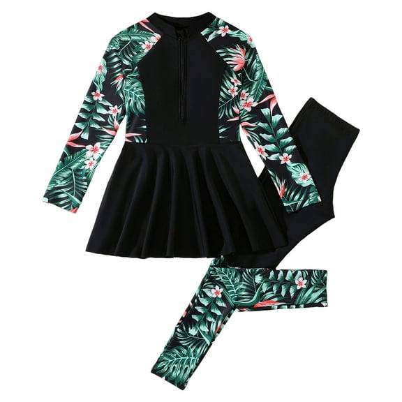 NIEWTR 2 Pcs Zipper Separated Long Sleeve Long Pants Swimsuit For Girls Long Sleeve Full Body Swimwear Rash Guard Teens Bathing Suit Swimwear Beach Bathing Suit for Summer Vacation 9-10 Years Black