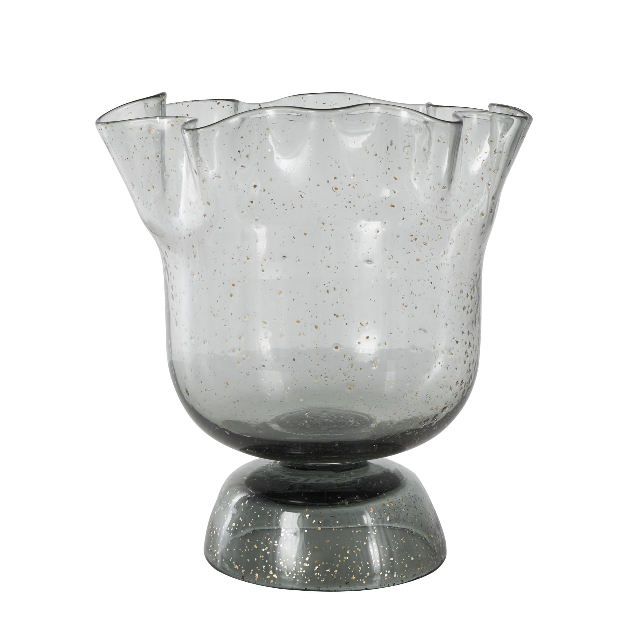DecMode 11" Floral Tulip Inspired Wide Black Glass Vase with Wavy Opening and Gold Speckles