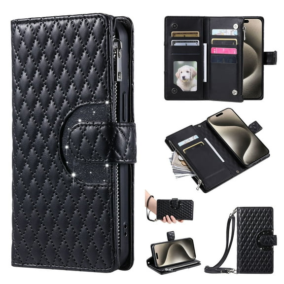 for iPhone 17 Pro Max Wallet Case, Classic PU Leather Phone Case for Women Men with Zipper Credit Card Holder Wrist Strap Crossbody Strap Shockproof Flip Case for iPhone 17 Pro Max, Black