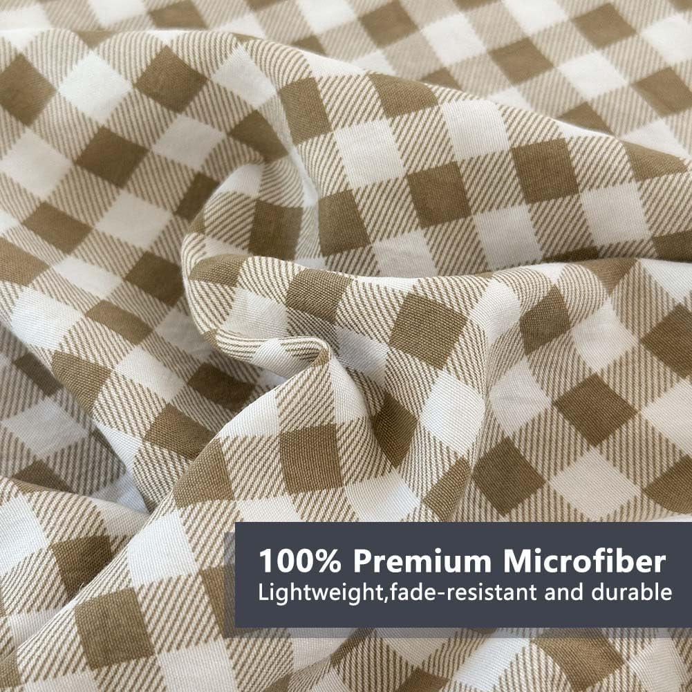 Tan Gingham Ruffle Queen Comforter Set, Taupe Ruffled Plaid Bedding Set, Ruffled Checked Bed Comforter 3 Pieces(Tan Gingham, Queen)