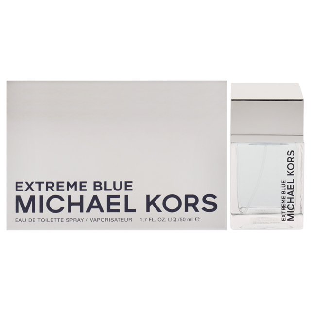extreme blue de michael kors para hombre - edt en spray de 1,7 oz caja y frasco frontales; frasco rectangular de vidrio con líquido azul pálido y tapa plateada cuadrada, etiqueta vertical con texto Michael Kors, caja blanca mate con texto grande "EXTREME BLUE MICHAEL KORS" en negro, vista centrada sobre fondo blanco; fragancia aromática masculina, lanzamiento 2015.