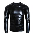 thumbnail image 1 of Men T-shirt Glossy Appearance Solid Color Long Sleeve Top V Neck Slim Fit T-shirt Nightclub Party Performance Costumes, 1 of 5