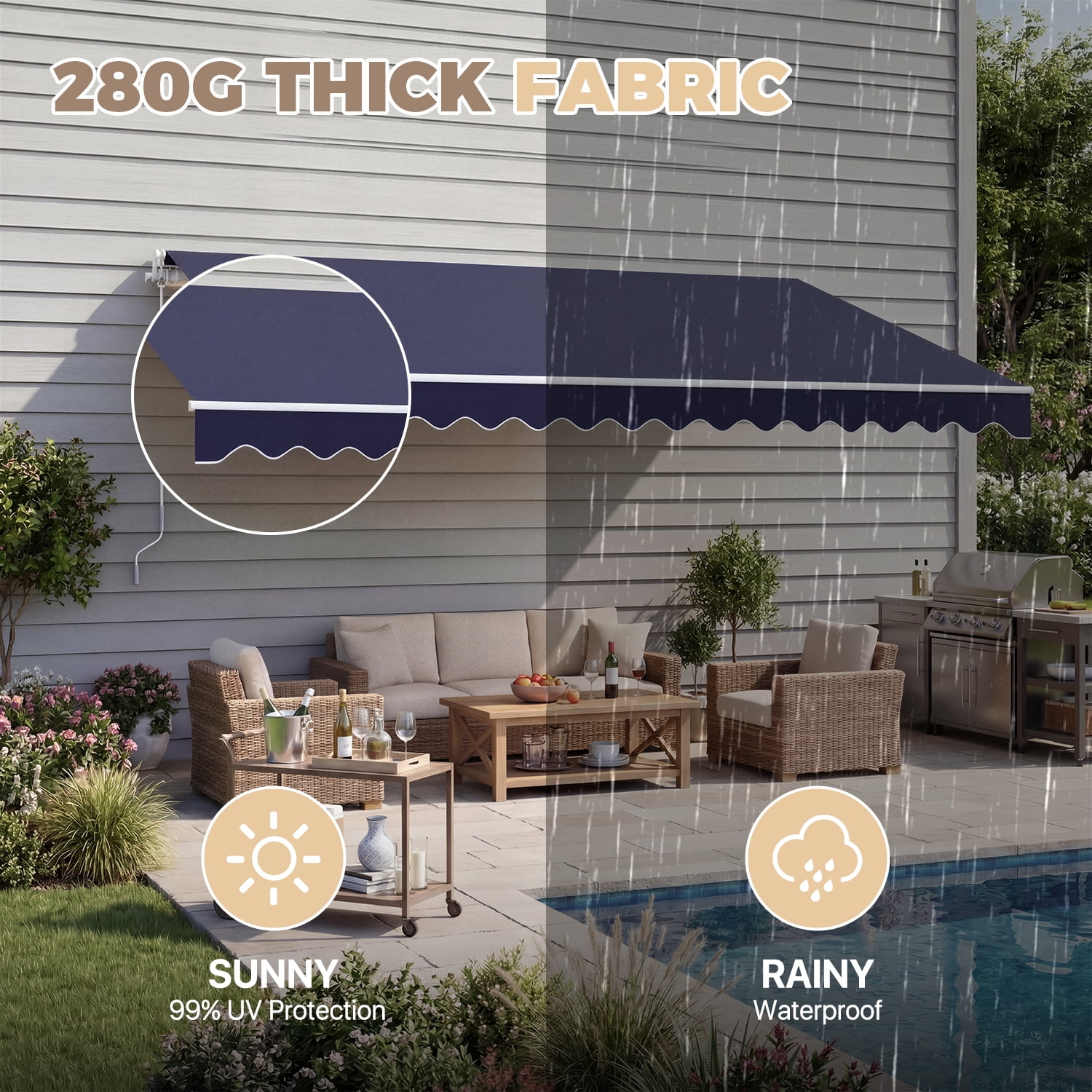 BaPiPro 12'x10' Manual Retractable Awning for Patio, Outdoor Sun Shade Waterproof Fabric Canopy with Crank Handle, UV Protection for Deck Balcony,Blue