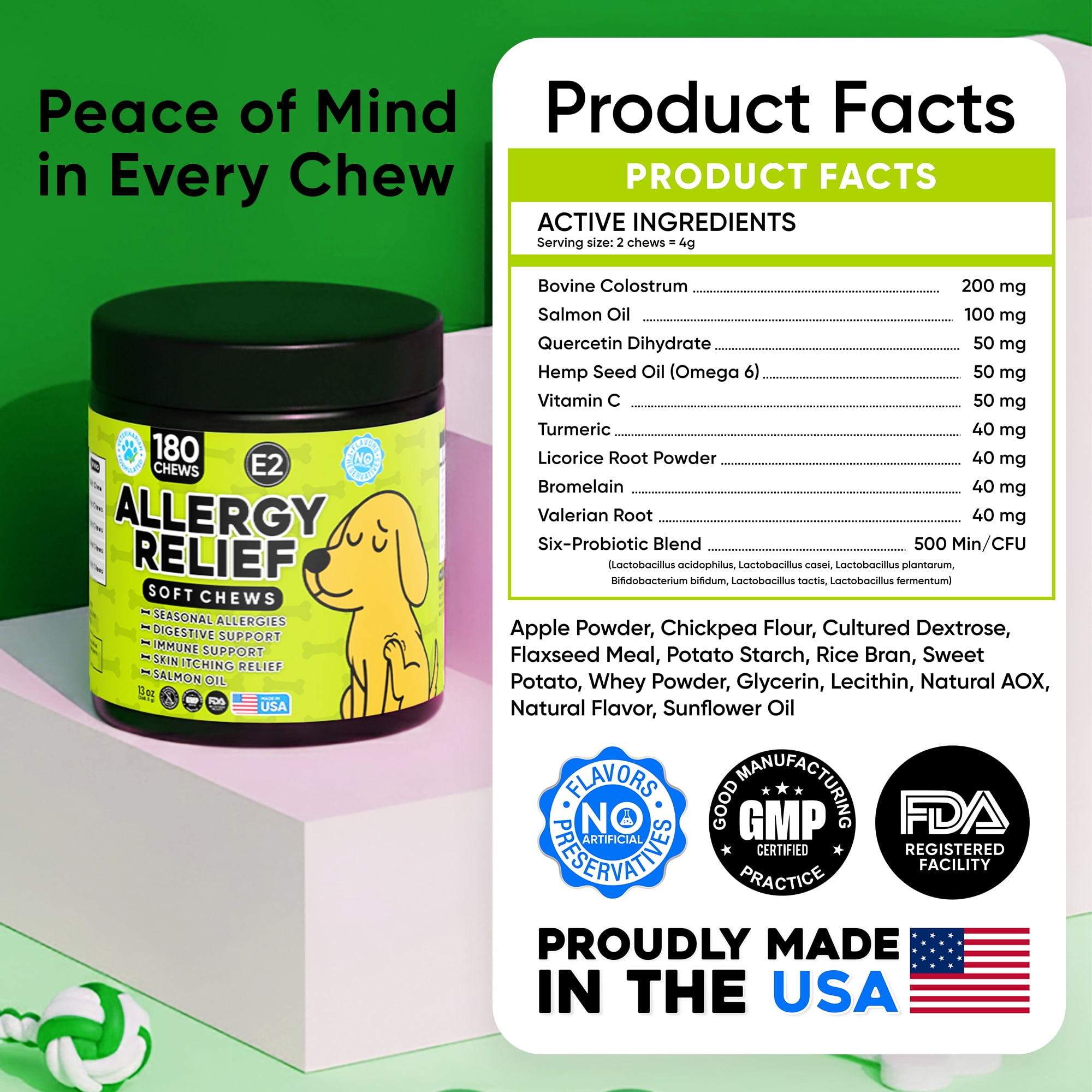 Dog Allergy Relief Chews – Anti Itch for Dogs with Colostrum & Salmon Oil – Reduces Paw Licking & Hot Spots – Omega 3 Fish Oil - Dry Skin & Coat Supplement for a Happy, Healthy Pup - 180 Count