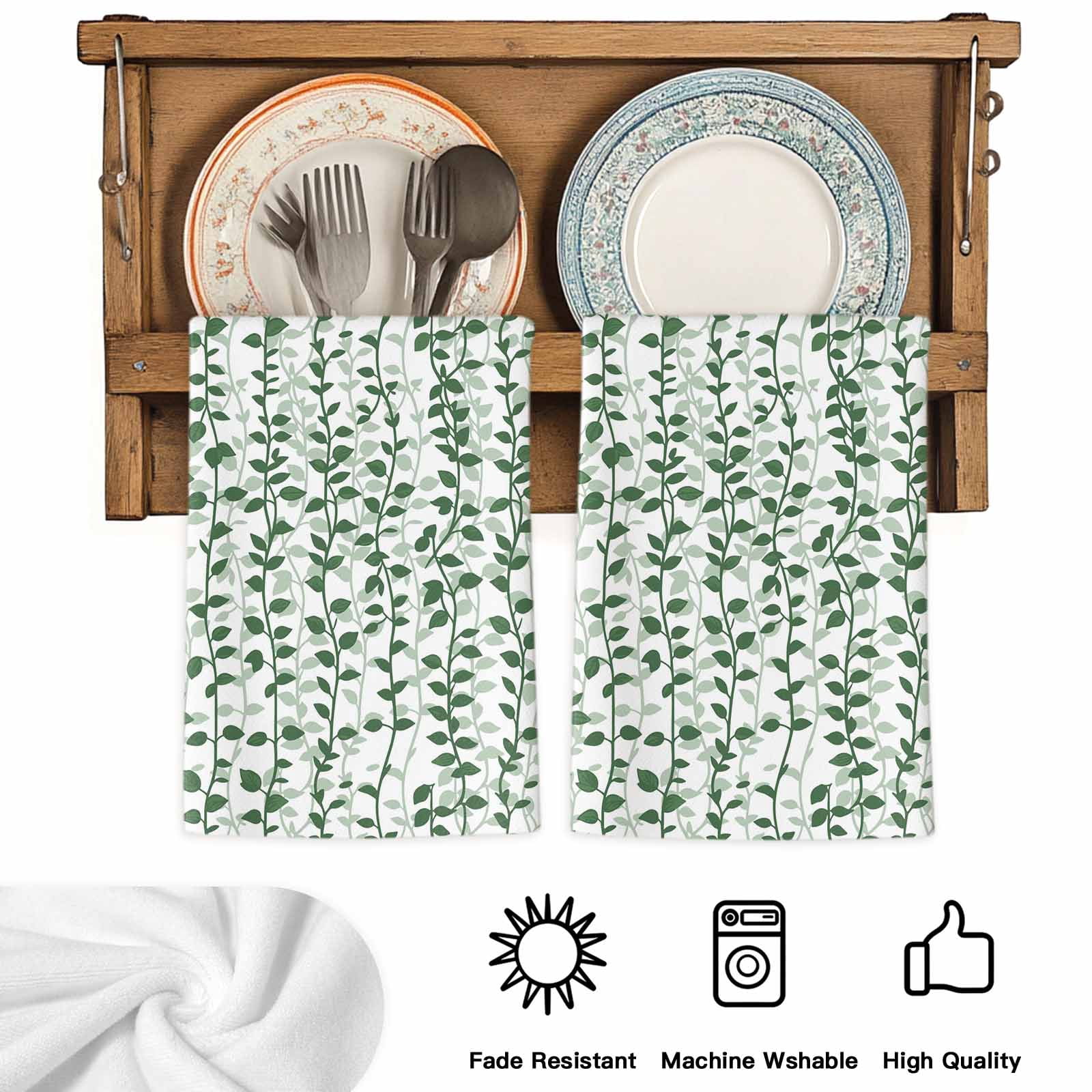 Green Ivy Leaves Kitchen Towels Set of 2, Spring Plants Botanical Modern Country Absorbent Dish Towels for Kitchen, Microfiber Hand Towel, Quick Drying Tea Towel for Cleaning Decorative Dishcloths