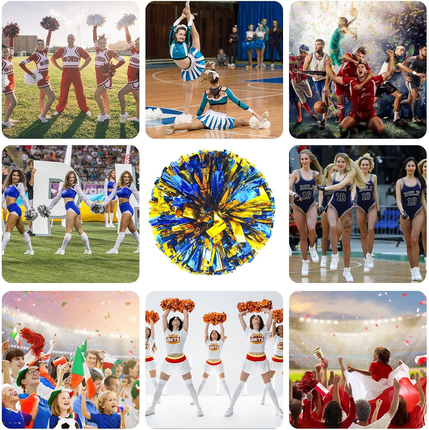 8 Pcs pom poms Cheer,pom poms Cheerleading with Finger Holes Metallic Foil Cheer Pom Pomsfor Dance, Matches (Black Red Silver)