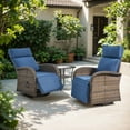 thumbnail image 2 of POCASSY Outdoor Swivel Recliner Chairs Set of 2 with Side Table, Brown Wicker Recliner Patio Swivel Chair with Adjustable Reclining Back and Lifting Footrest for Pool Porch Deck, Blue Cushion, 2 of 11