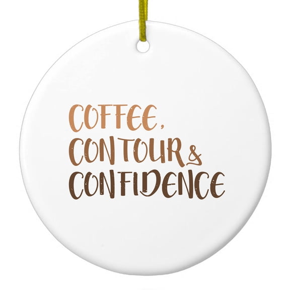 DistinctInk Hanging Ceramic Christmass Tree Ornament with Gold String - Great Gift / Present - 2 3/4 inch diameter - Coffee Contour & Confidence