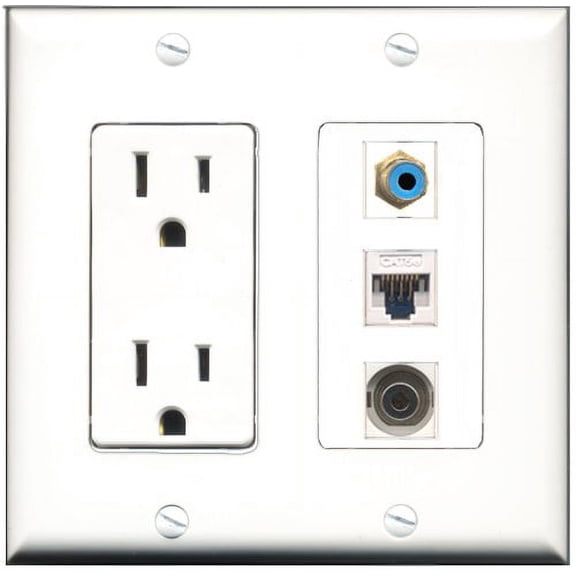 RiteAV - 15 Amp Power Outlet 1 Port RCA Blue 1 Port 3.5mm 1 Port Cat5e Ethernet White Decorative Wall Plate
