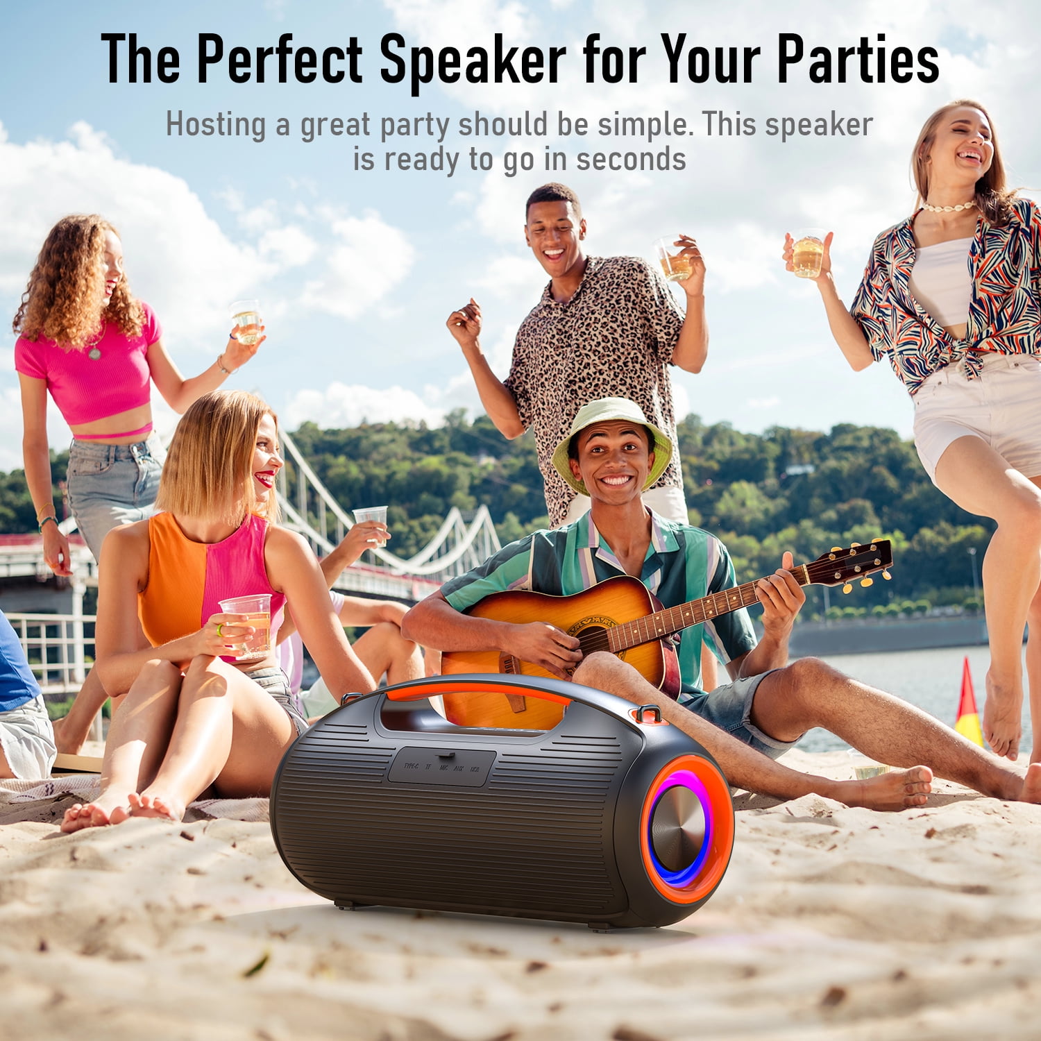 Portable Bluetooth Speaker with Bass Boost,IP65 Waterproof Outdoor Wireless Loud Speaker w/ Dynamic Light,180W Power and USB/AUX/TF Input for Party