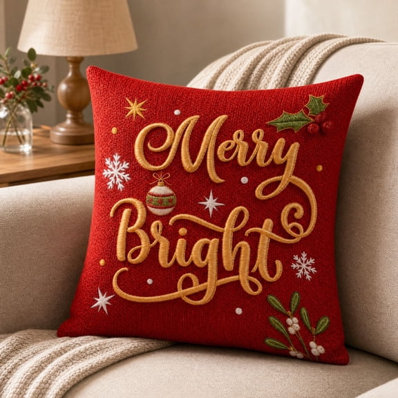 MYUNNIL Christmas Decorative Throw Pillow Covers, 18 x 18" Farmhouse Red Double Sided Embroidered Christmas Themed Linen Cushion Case for Sofa Bedroom Office Decor