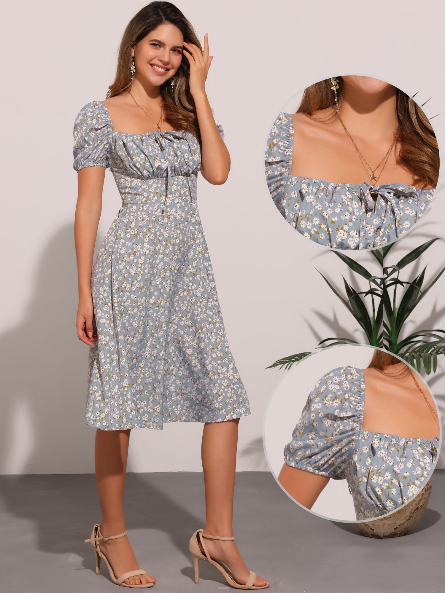 DARING DIVA Floral Puff Sleeve Smocked Square Neck Midi Dress L Gray Blue