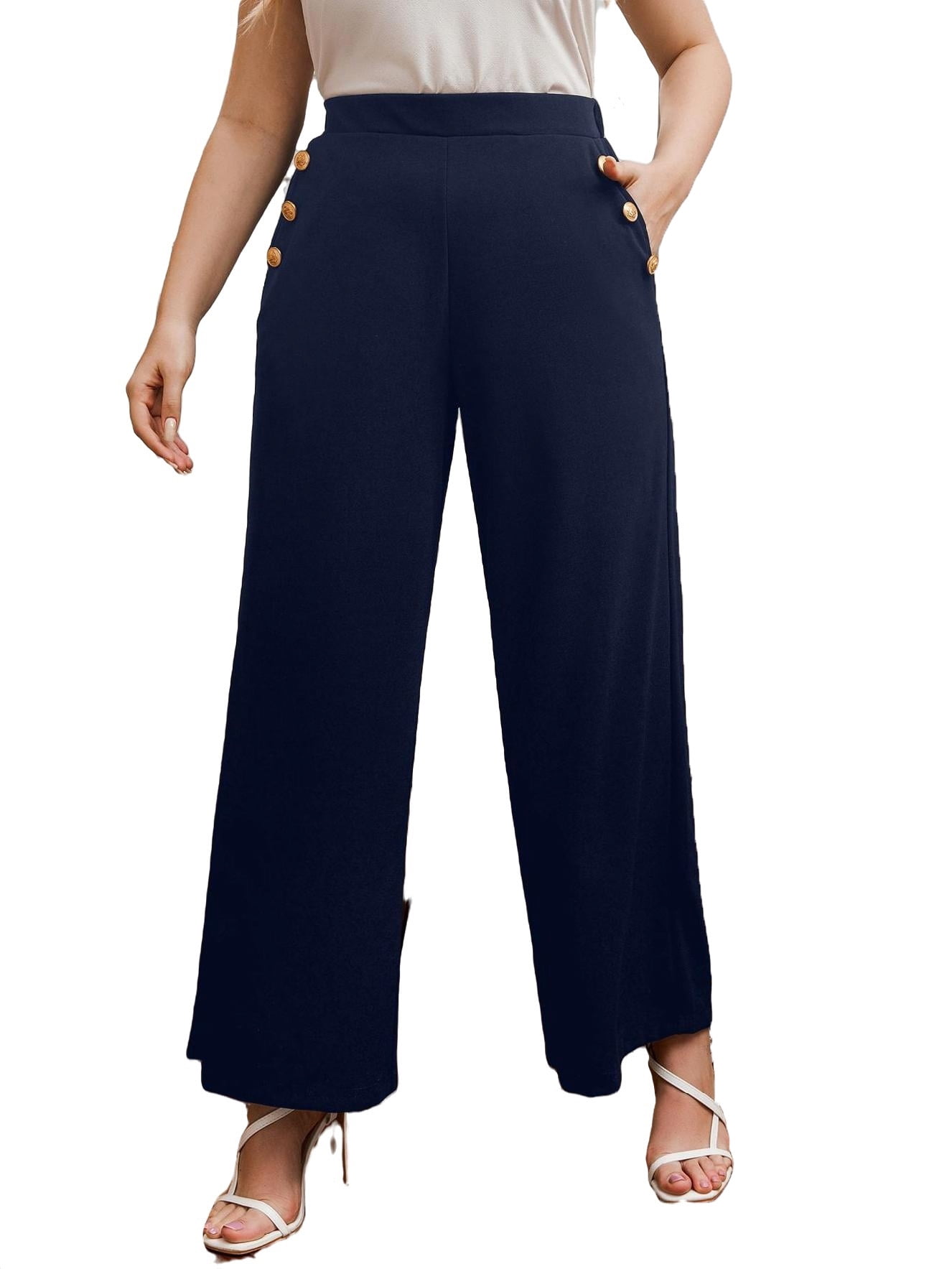 Elegant Plain Wide Leg Navy Blue Plus Size Pants (Women's Plus Bottoms