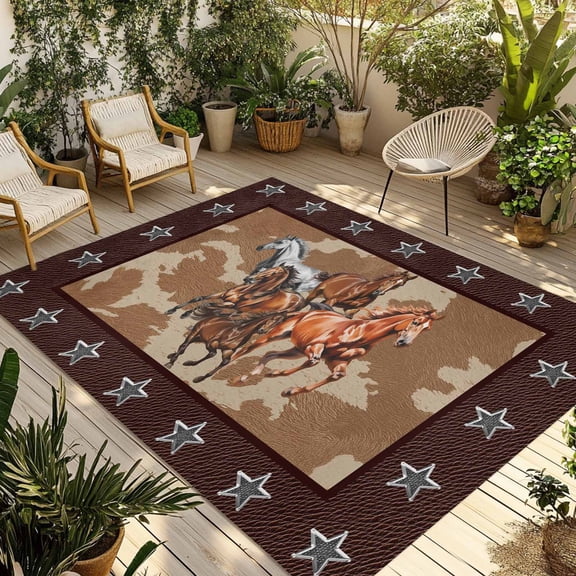 Brown Retro Horse Outdoor Rug for Patio/Deck/Porch, Non-Slip Large Area Rug 5 x 8 Ft, Vintage Western Stars Country Indoor Outdoor Rugs Washable Area Rugs, Reversible Camping Rug Carpet Runner