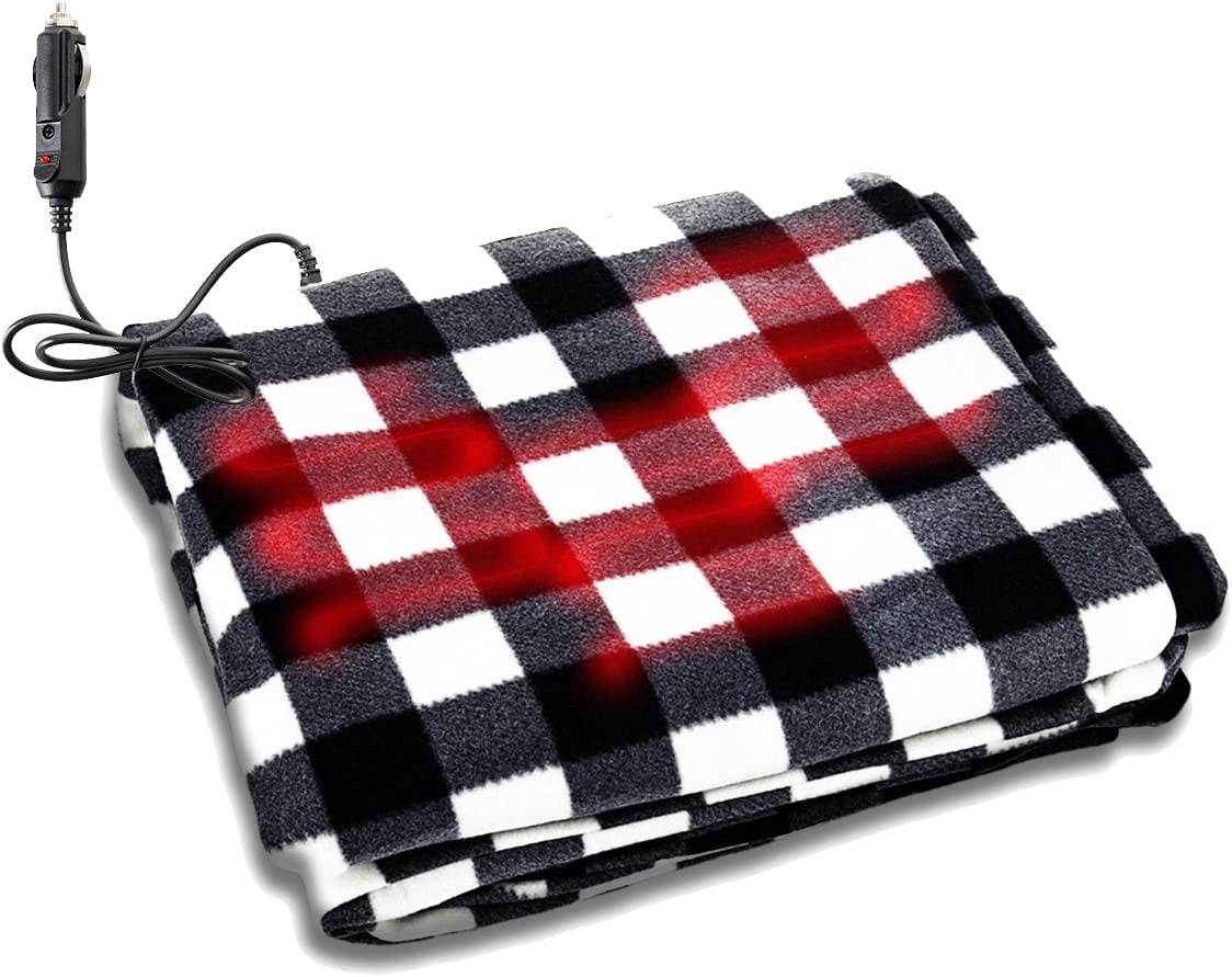 Zone Tech Car Heated Travel Blanket Black and White 12V Automotive Comfortable Heating Car