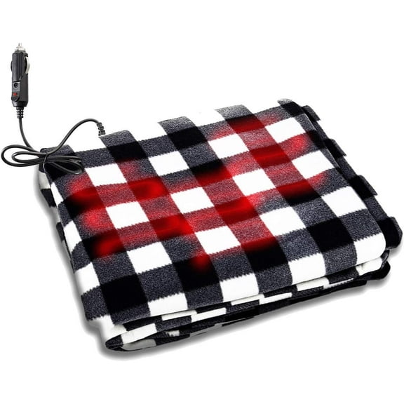 Zone Tech Car Heated Travel Blanket – Black and White 12V Automotive Comfortable Heating Car Seat Blanket Great for Winter
