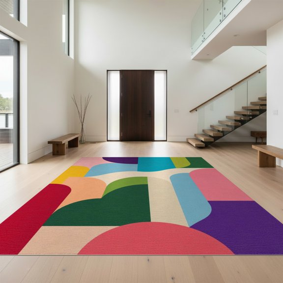 Design&I 8'x10' Washable Area Rug Extra Large Skid-Resistant Low Profile Multicolor Geometric Abstract Design Bold Modern Shapes with Curved for Living Room, Family