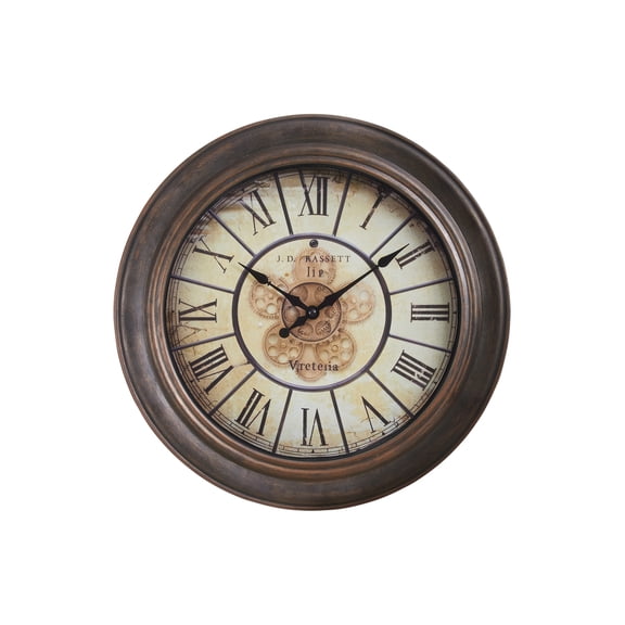 DECMAY 15" Round Antique Brown Wall Clock - Non-Ticking Quartz Clock with Roman Numerals for Home Decor