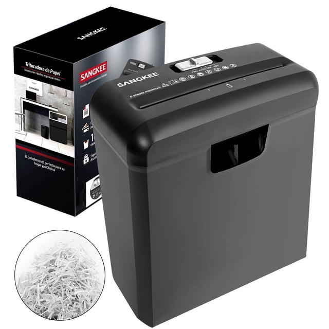 SANGKEE Trituradora de Papel y Tarjetas de crédito, Trituradora con Capacidad para 6 Hojas, Papelera 10L, Corte Rayas para Papel/Tarjeta de Crédito/Grapas/Clip, Seguridad P-2, Us