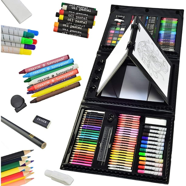 Sunnyglade 185 Pieces Double Sided Trifold Easel Art Set, Drawing Art Box With Oil Pastels, Crayons, Colored Pencils, Markers, Paint Brush, Watercolor Cakes, Sketch Pad - Walmart.com