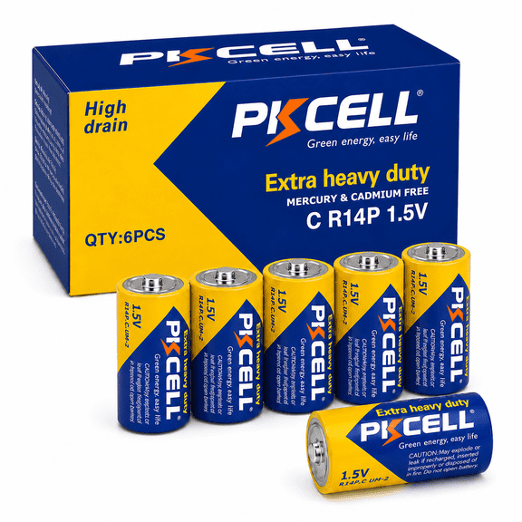 PKCELL C Size Batteries 6 Pack, R14P 1.5V Carbon Zinc C Cell Batteries, UM-2 Super Heavy Duty Battery for Gas Meters, Flashlights, Clocks, Remotes & Toys