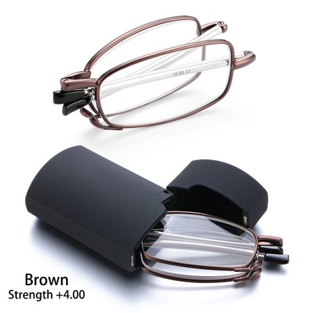 Strength+1.0-4.0 Alloy Frame Rotation Men and Women Includes Glasses Case Telescopic Legs Folding Reading Glasses Presbyopia Eyeglasses BROWN (STRENGTH 4.00)
