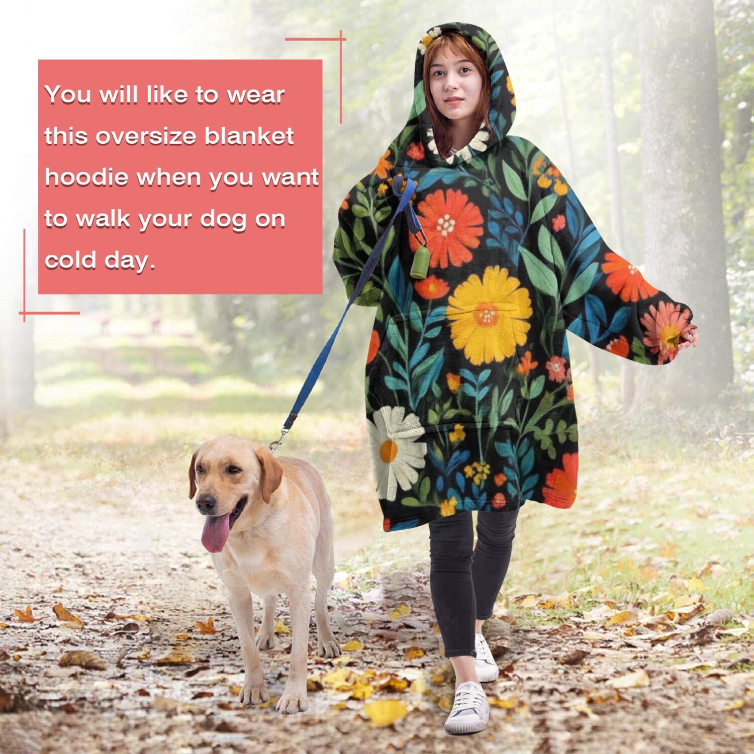 Wearable Oversized Blanket,Pioneer Flower Floral Print Pattern Wearable Blanket Hoodie for Adults,Cozy Hooded Blankets with Super Pockets,Super Warm Fuzzy Pullover for Women & Men