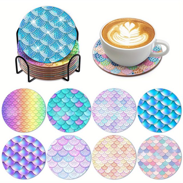 (BD219) Juego Posavasos Con Diamantes DIY Arte Colorido (posavasos Acrílico + Tapete Corcho + Estante Almacenamiento 8 Piezas)