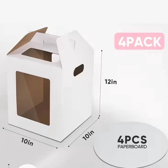 Tall Cake Boxes 4 Pack 10x10x12 Inch with Window & Handle - Large Tier Cake Carrier - Disposable Boxes for Wedding, Birthday, Party