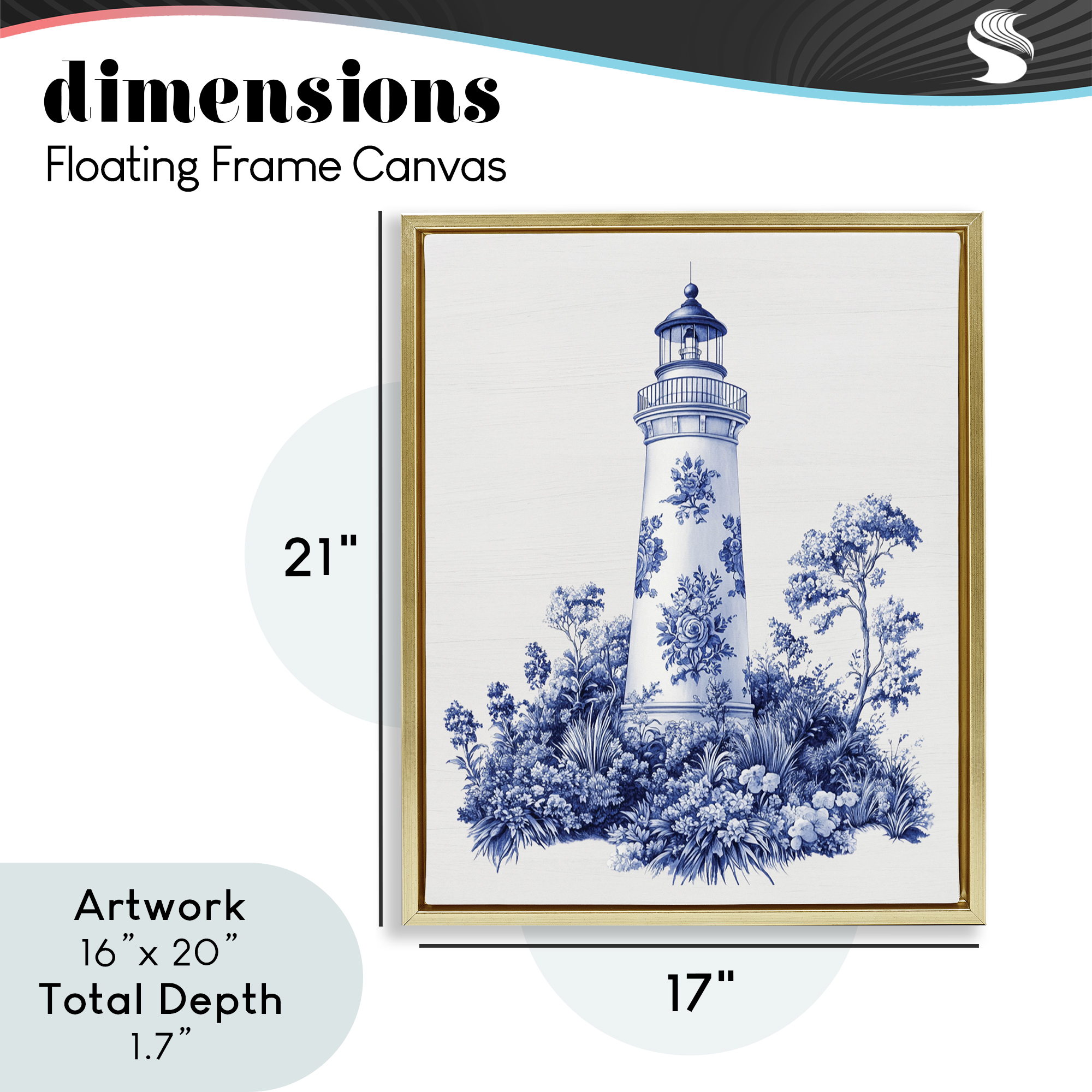 Toile Patterned Lighthouse Gold Framed Floater Canvas Wall Art, design by Lettered and Lined