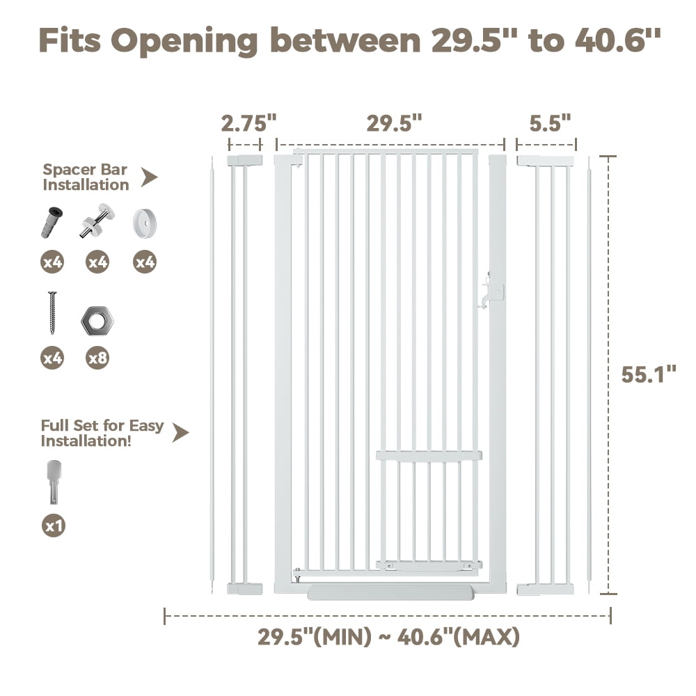 Pet Gate with Cat Door,Domipet 55.1 inch Extra Tall Dog Gate,29.5''-40.6''Wide Gate Pressure Mounted Full Door Pet Gate for Doorway Stairs,White