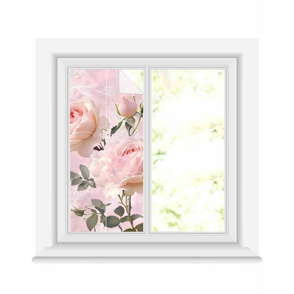 Window Privacy Film Romantic Pink Roses Stained Glass Window Film Decorative Sun Block Window Cover Watercolor Botanical Floral Window Clings Static Adhesive Sticker for Bathroom 17.7"x39.3"