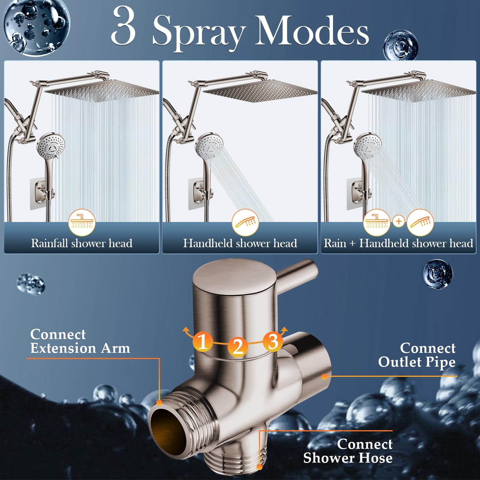 12'' Rain Shower Head Combo  High Rainfall With 16'' Flexible Height/angle Adjustable Extension Arm 5 Setting Spray Hand Held Nickel