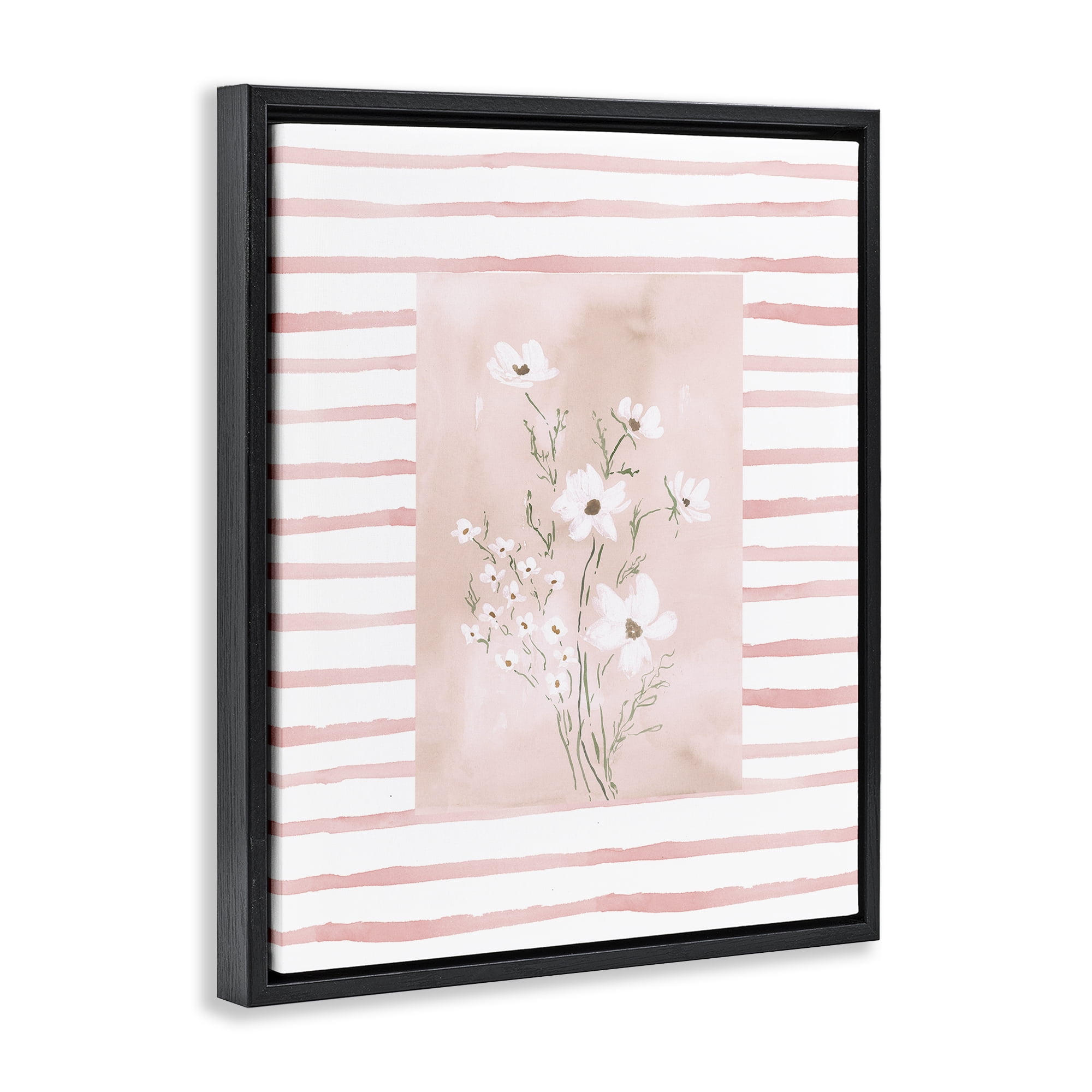 Stupell Industries White Cosmos on Pink Stripes Black Framed Floater Canvas Wall Art, design by Lucille Price