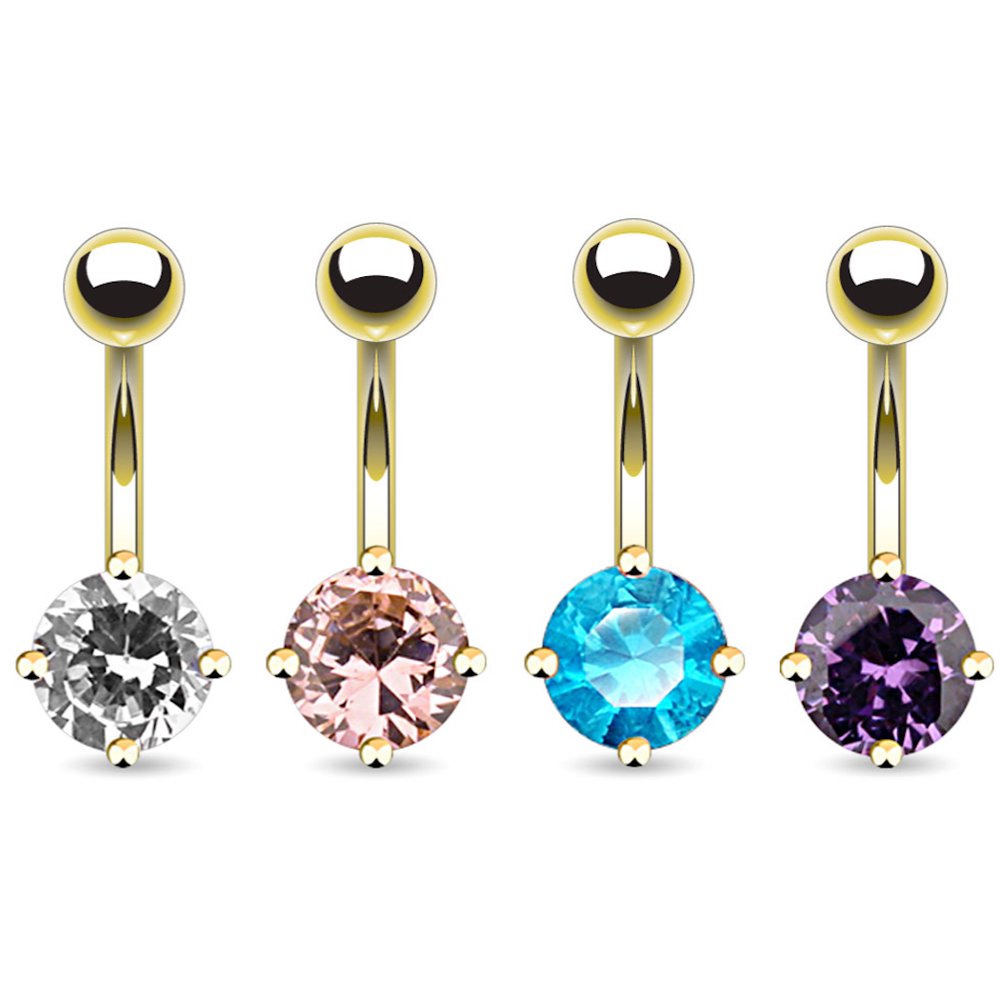 Body Jewelry 24K Gold Single CZ Basic Belly Ring 14G (1.6MM) 182
