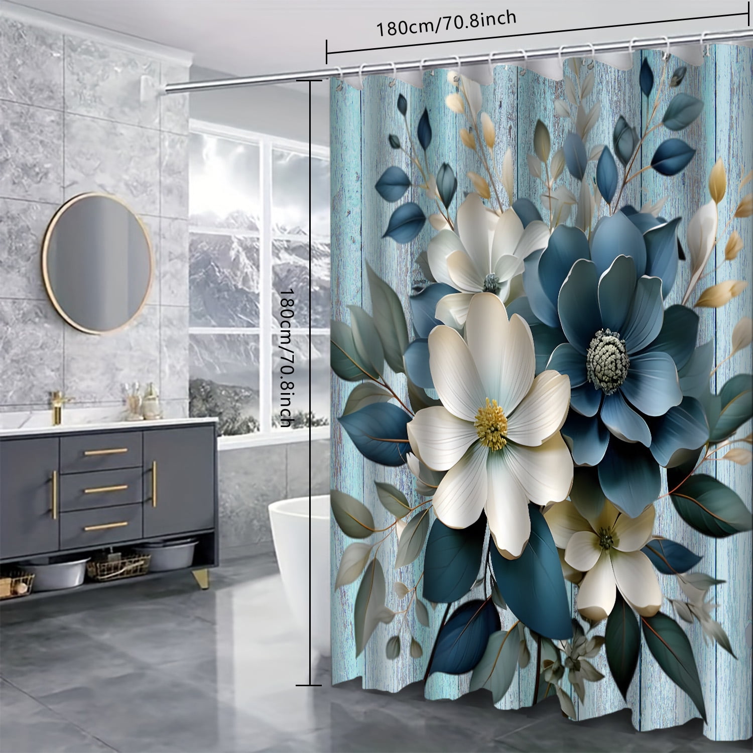 LVRLVR 1/4 Teal Floral & Distressed Blue Wood Fabric Shower Curtain Rug Set - 3D Flower Bath Mat Bathroom Decoration,Teal, 70.8" × 70.8"