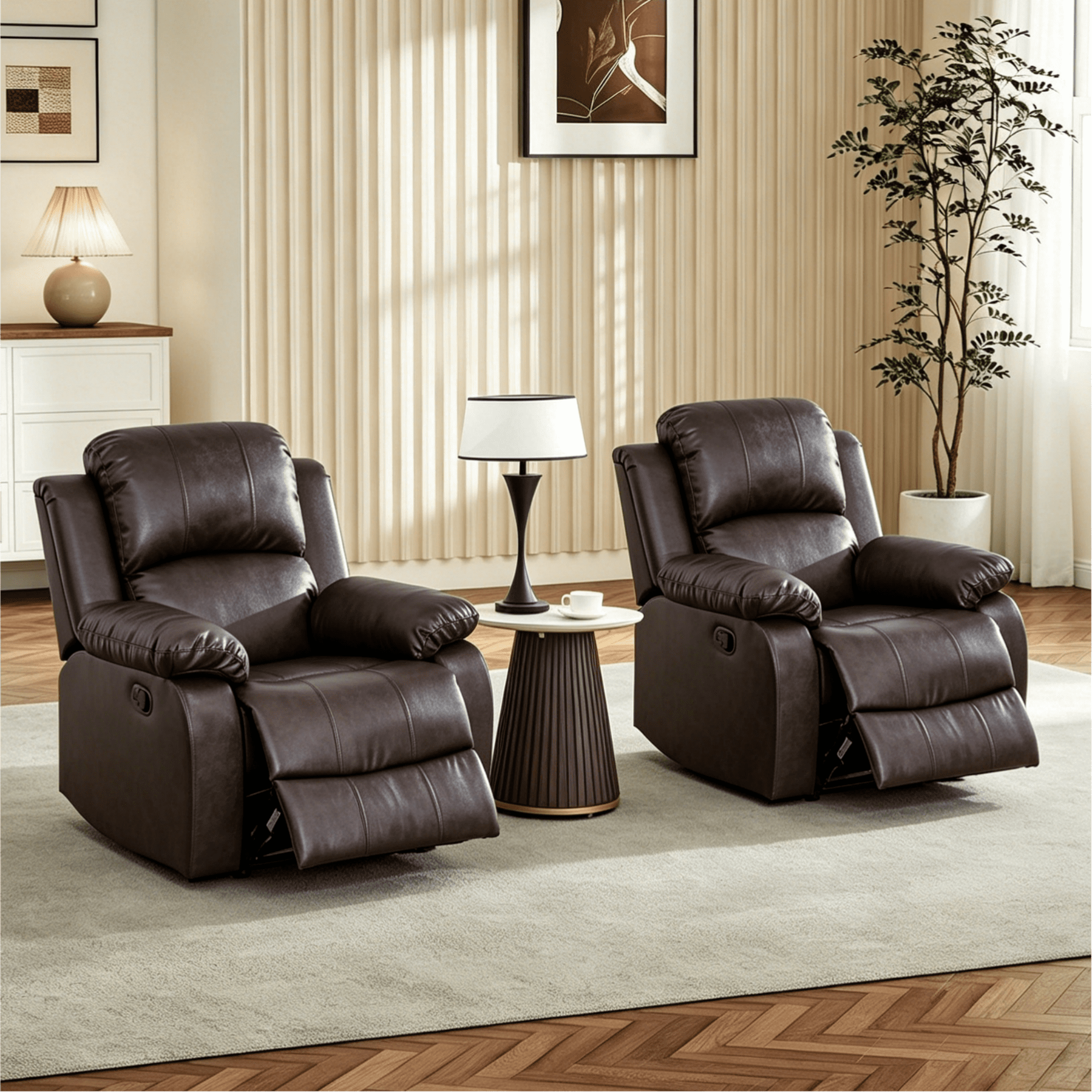Gewnee PU Manual Recliner Chair Set of 2,Single Sofa Recliners,Adjustable Backrest,Comfort Lazy Chair for Living Room,Bedroom.Brown