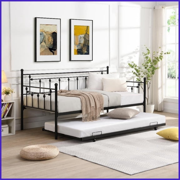 Twin Size Metal Daybed with Trundle - No Box Spring Needed, Space-Saving Quiet Black Bedroom Bed Frame