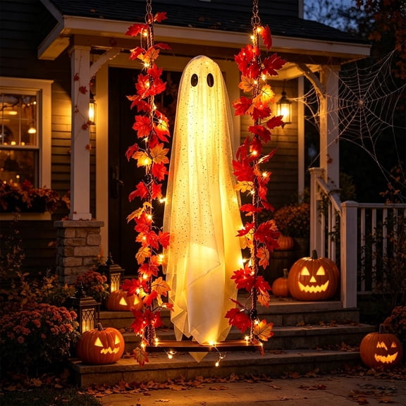 Halloween Decorations Outdoor,4FT Hanging Swing Ghost with Remote Control String Lights,Spooky Cute Outdoor Early Halloween Decorations for Front Porch Yard Tree Garden,Light-Up Flying Ghost