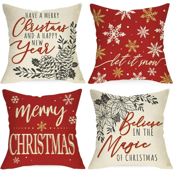 Merry Christmas Snowflakes Decorative Throw Pillow Covers 18x18 Set of 4, Let it Snow Xmas Poinsettia Pine Cones Believe Red Cushion Case Decor, Happy New Year Winter Holiday Home Decoration