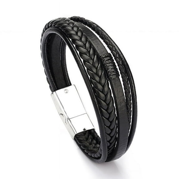 Adjustable 21-22.5cm Black Leather Bracelet for Men with Magnetic Clasp - Multi-Layer Rope Wristband Style Men Bracelet