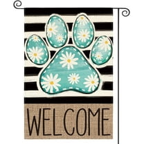 Blue Paw Print Spring Garden Flag 12x18 Inch Double Sided Outside, Daisy Floral Welcome Stripes Yard Outdoor Flag