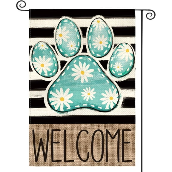 Blue Paw Print Spring Garden Flag 12x18 Inch Double Sided Outside, Daisy Floral Welcome Stripes Yard Outdoor Flag