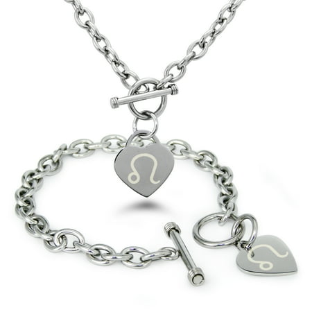 - Stainless Steel Leo Astrology Symbol Heart Charm Toggle Bracelet & Necklace