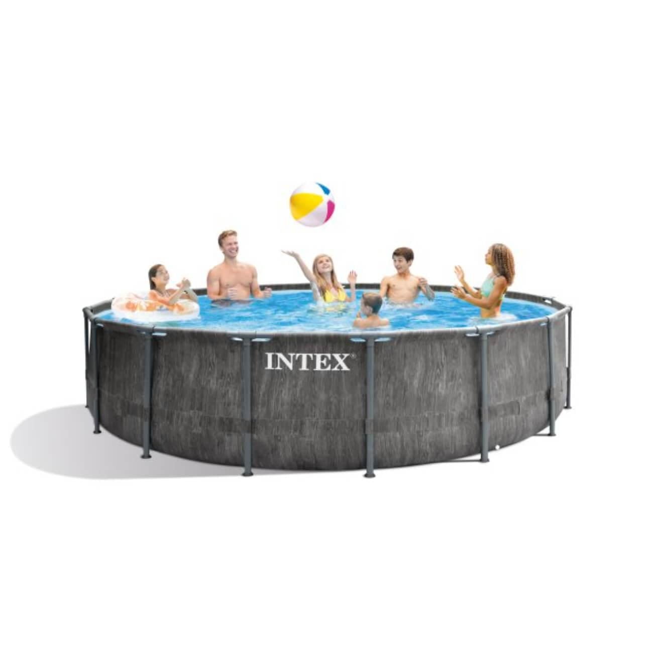 Ensemble de piscine Intex de qualité supérieure avec cadre prisme en bois gris de 15 pi x 48 po, âge : 6 ans et plus