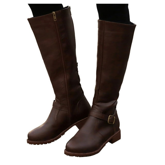 Kcodviy Bottes à Fermeture Éclair Chaudes Vintage en Cuir au-Dessus du Genou pour Femmes Bottes à Bout Fermé Bottes Hauteur Genou Femmes Bottes Sans Talon Chaussures Rondes Bottes à Talon pour Femmes Sans Talon Bottes pour Femmes