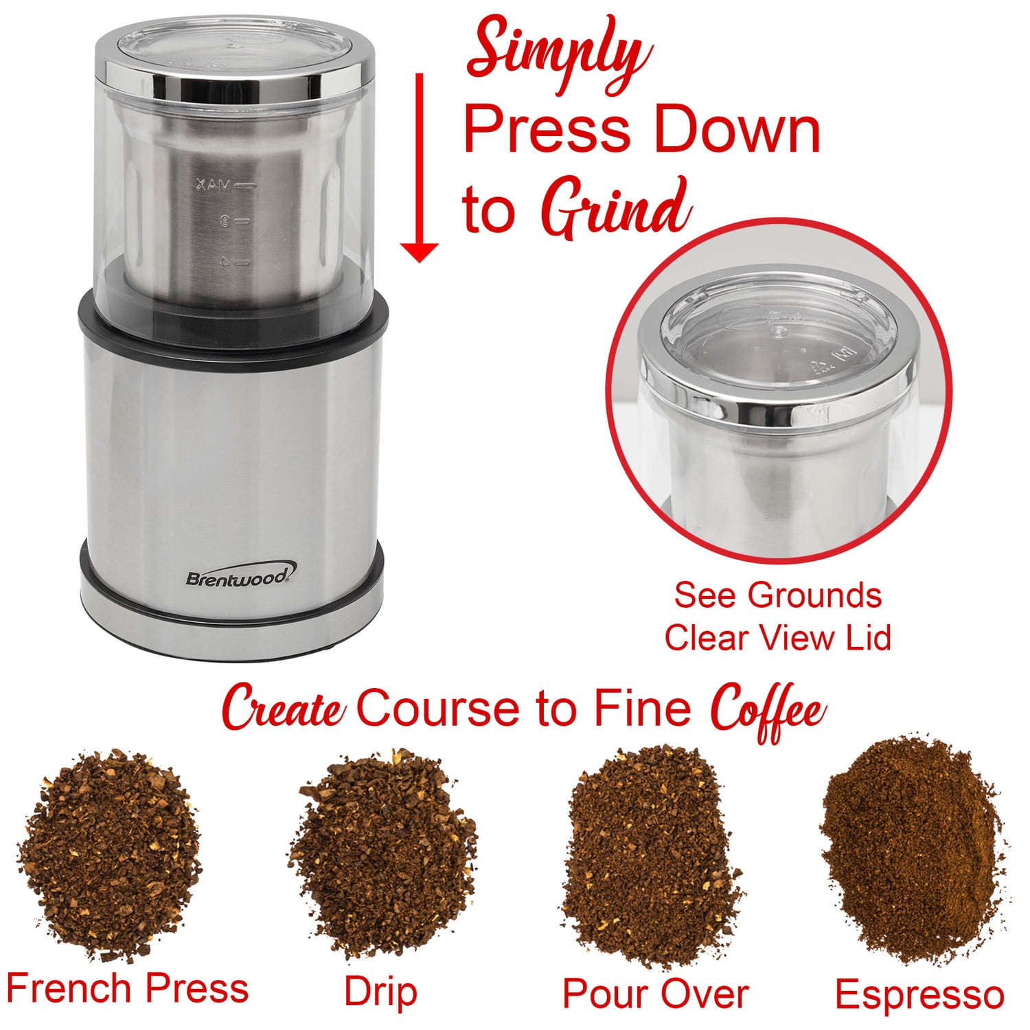 Brentwood 75-Gram Electric Stainless Steel Wet-and-Dry Coffee Bean, Herb, and Spice Grinder with 2 Removable Bowls, CG-162S , CG-162S