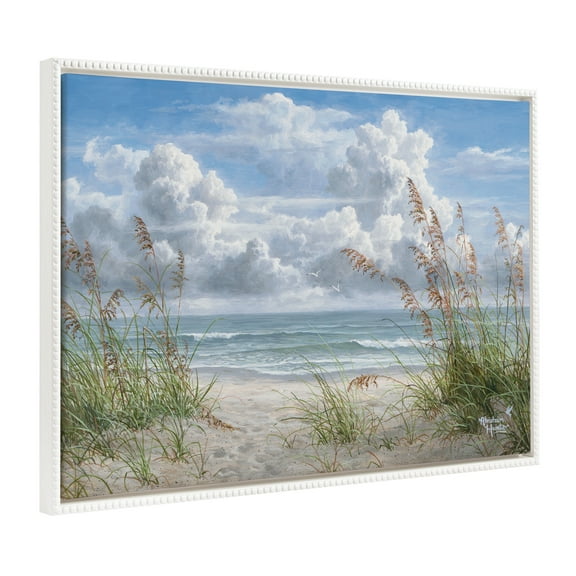 Kate and Laurel Sylvie Beaded Summer Breeze Vintage Framed Canvas Wall Art by Abraham Hunter, 28x38 White, Ocean Beach Landscape Art for Wall
