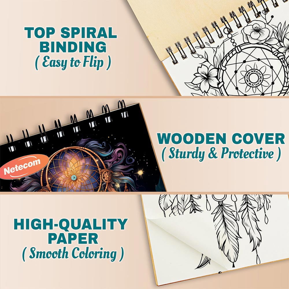 Netecom Dream Catcher Coloring Book Spiral Bound For Adults, A5 Wooden Cover, 30 Beautiful Coloring Pages in Spiritual and Mystical Designs for Stress Relief and Relaxation