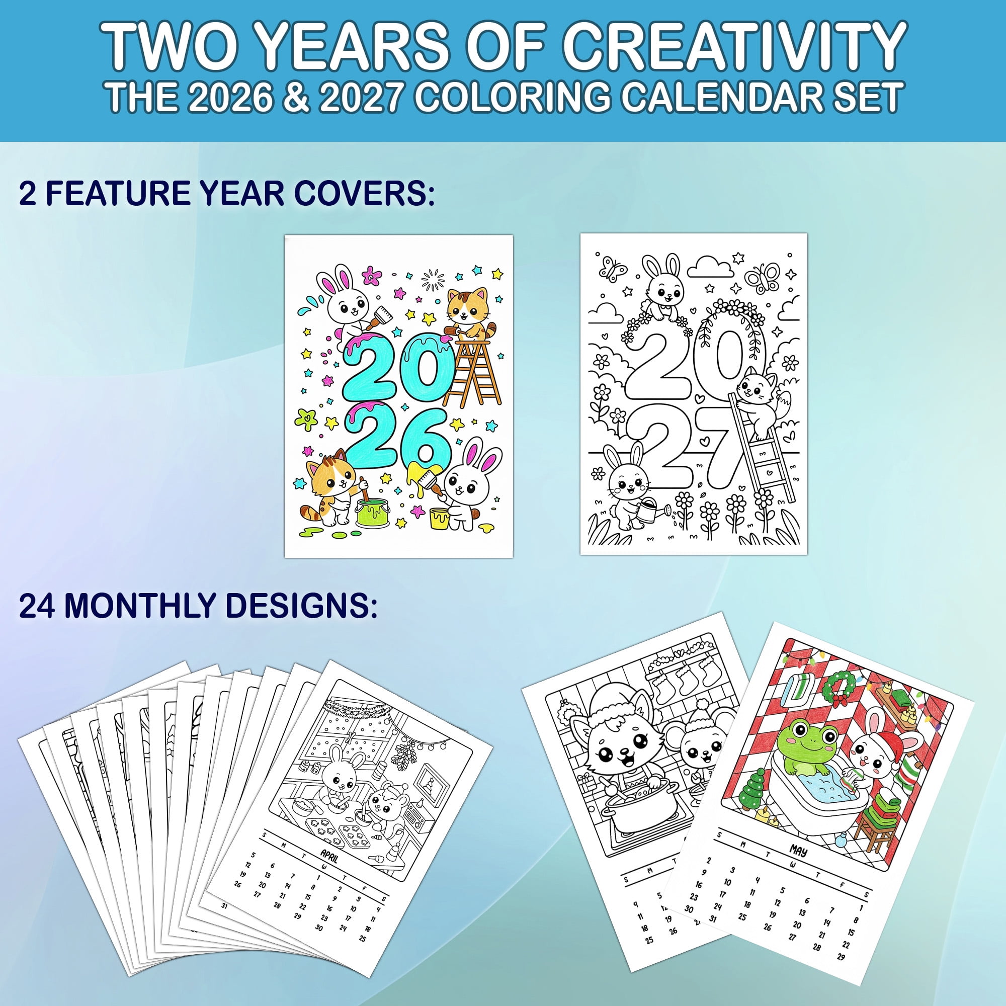 Xmas Corner Coloring Desk Calendar 2026–2027, A5 Wooden Cover Planner with 26 Easy Coloring Pages for Adult Relaxation, 24 Month Desktop Calendar with Stand, Gift for Family & Friends